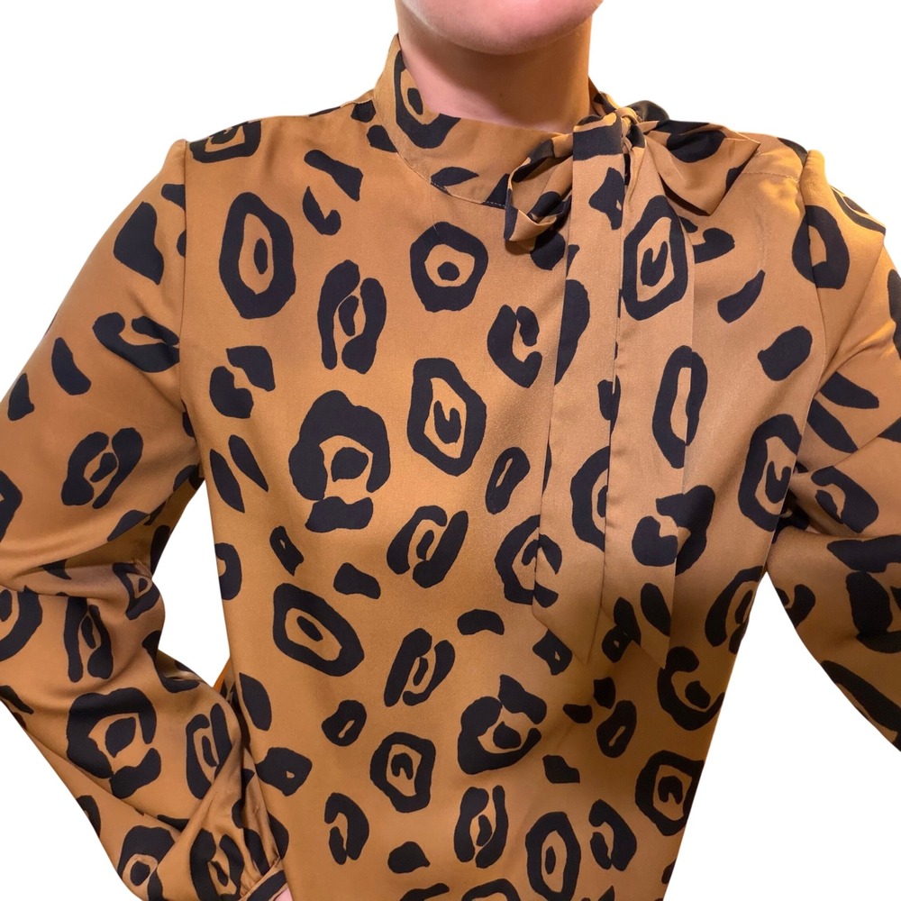 Who What Wear Mini Dress Women S Brown Leopard High Tie Neck Long Sleeve Shift - Picture 7 of 9